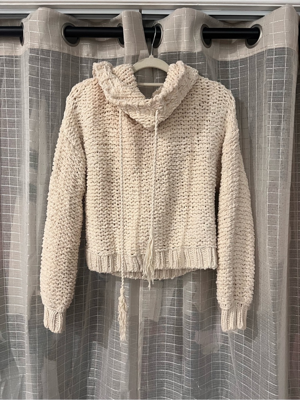 Free People Chunky Crochet Drawstring Hoodie in Cream